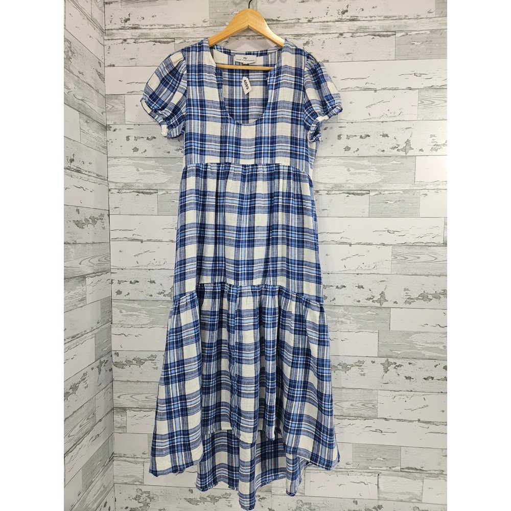 Never A Wallflower Blue White Plaid Cotton Tiered Midi Dress Puff Sleeve Medium